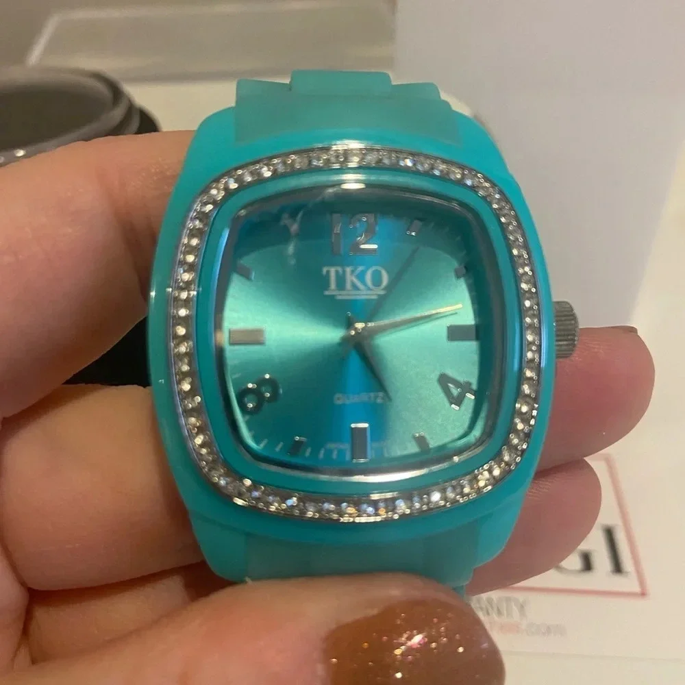 TKO Square Face Watch with‎ Silicone and Rhinestones Aqua Blue EUC